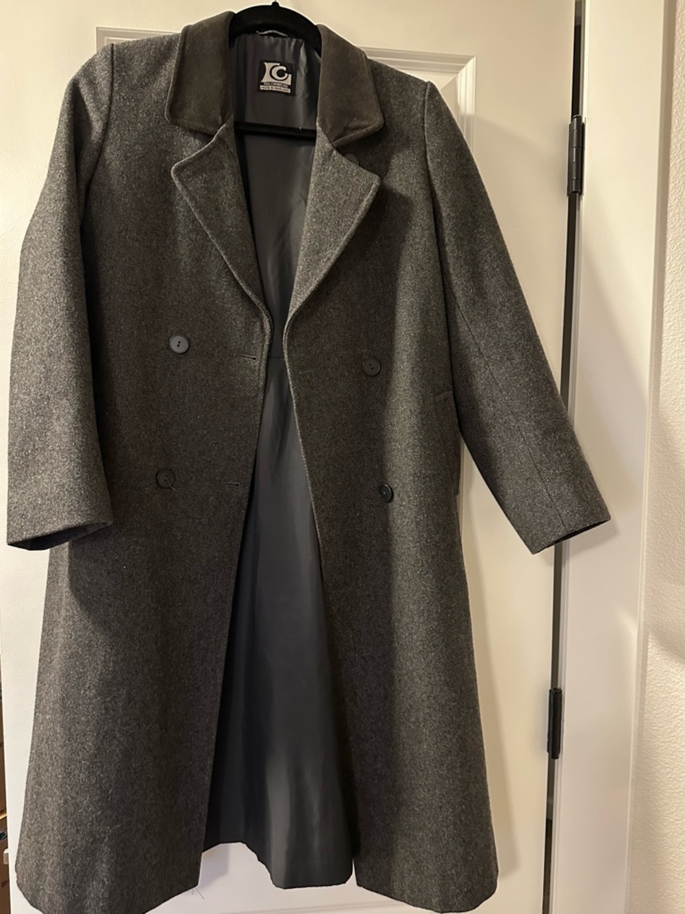 Classic Double-Breasted Wool Coat in Charcoal Gray with contrast collar